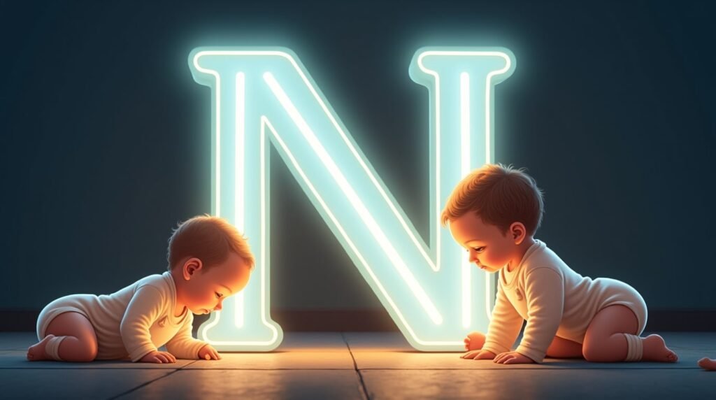 Des bébés en bodies pastel, paisiblement installés autour d’une grande lettre néon bleue "N", créant une ambiance douce, apaisée et intemporelle.