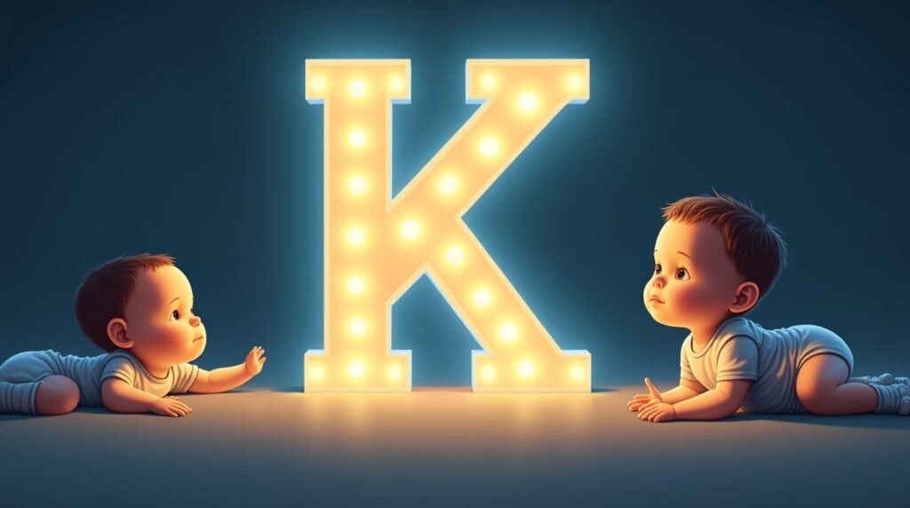 Des bébés vêtus de bodies pastel, tranquilles autour d'une grande lettre néon bleue "K", créant une atmosphère calme et intemporelle.