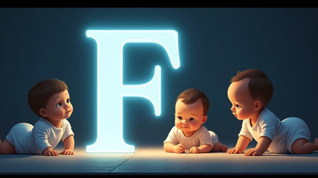 Tranquillement assis autour d’une grande lettre néon bleue "F", des bébés vêtus de bodies pastel créent une ambiance douce et intemporelle.