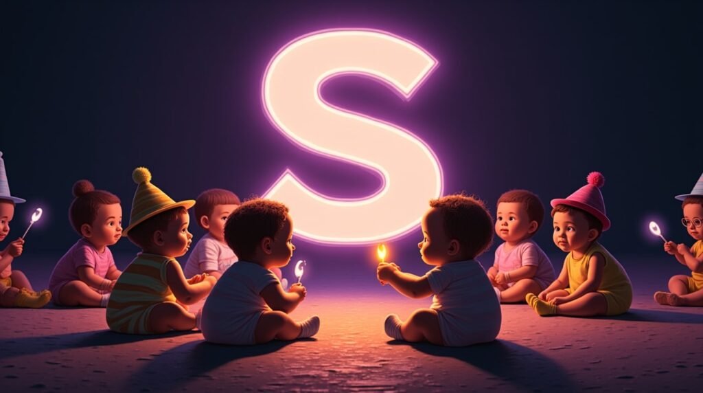 Des bébés avec des accessoires distinctifs, assis sous des projecteurs, autour d'une grande lettre néon violette "S", rayonnant d'audace et de personnalité.