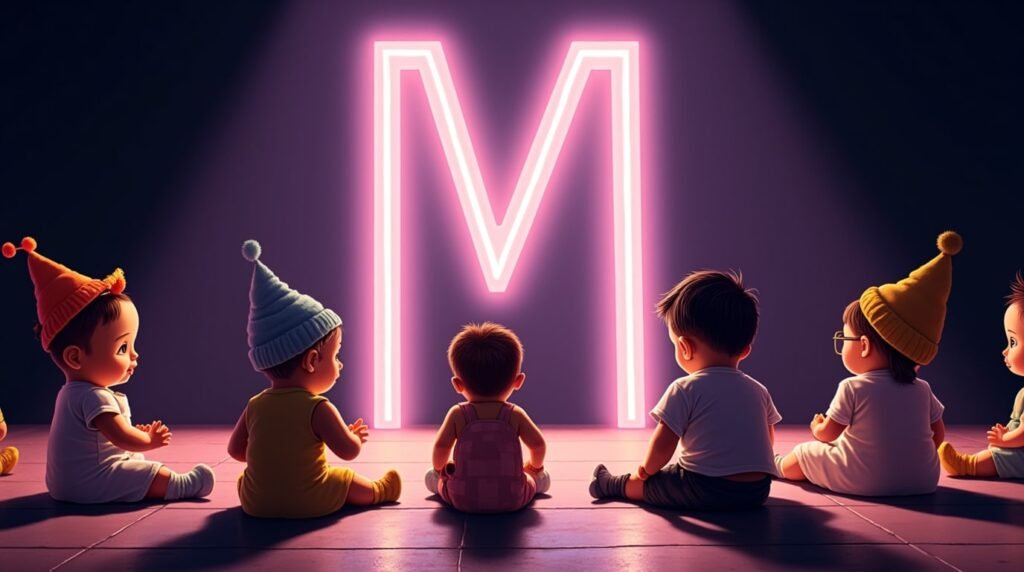 Des bébés portant des accessoires uniques, assis sous des projecteurs, autour d’une grande lettre néon violette "M", exprimant un style audacieux et individuel.
