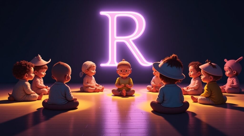 Des bébés arborant des accessoires uniques, assis sous des projecteurs, autour d’une grande lettre néon violette "R", exprimant un style audacieux et original.