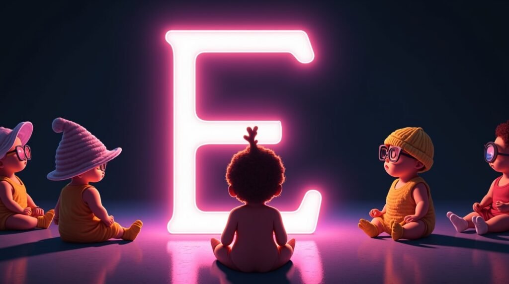 Des bébés portant des accessoires distinctifs, assis sous des projecteurs, autour d’une géante lettre néon violette "E", rayonnant d’originalité et de style.