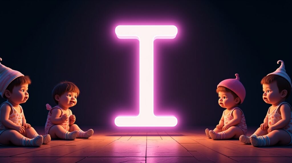 Des bébés avec des accessoires originaux, assis sous des projecteurs, autour d’une grande lettre néon violette "I", exprimant un style audacieux et unique.