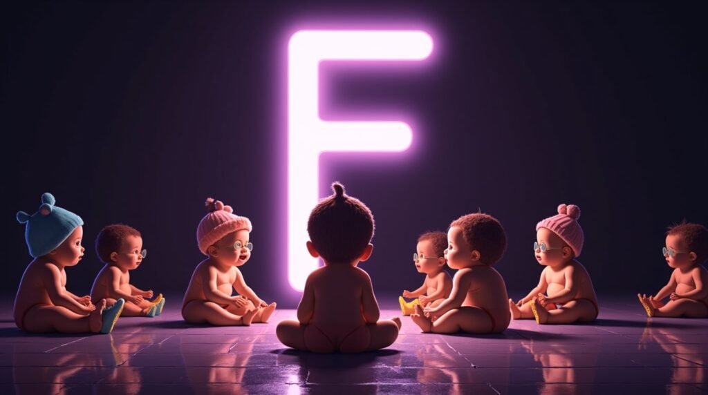 Des bébés portant des accessoires uniques, assis sous des projecteurs, autour d’une grande lettre néon violette "F", affichent un style audacieux et original.