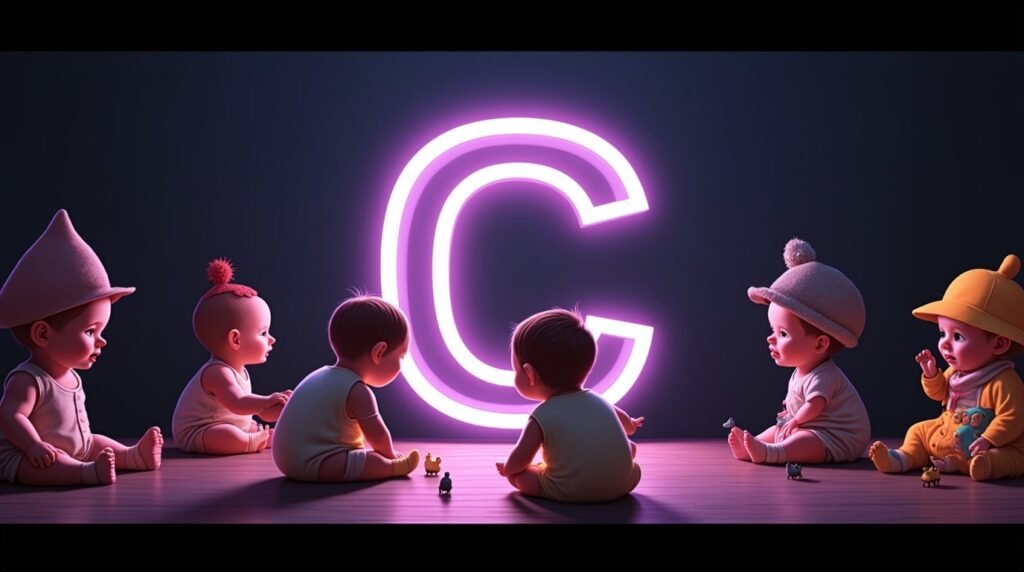 Des bébés arborant des accessoires uniques, assis sous des projecteurs, autour d’une gigantesque lettre néon violette "C", exprimant un style audacieux et personnel.