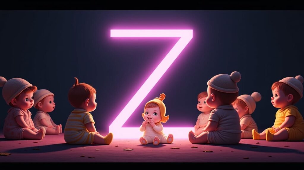 Des bébés arborant des accessoires uniques, assis sous des projecteurs, autour d'une grande lettre néon violette "Z", exprimant leur style audacieux et singulier.