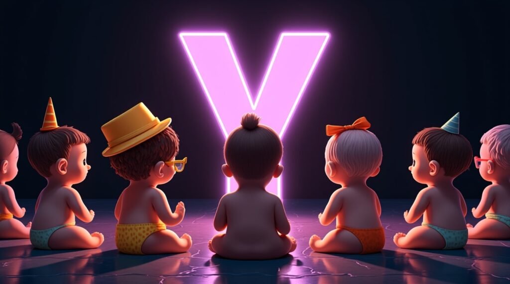 Des bébés arborant des accessoires uniques, assis sous des projecteurs, entourant une grande lettre néon violette "Y", rayonnant de caractère et d'originalité.
