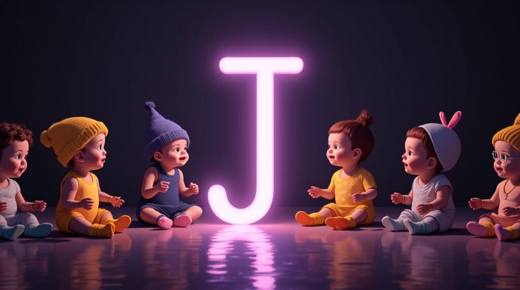Des bébés portant des accessoires uniques, assis sous des projecteurs, autour d’une grande lettre néon violette "J", exprimant un style audacieux et personnel.