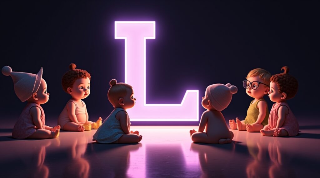 Des bébés avec des accessoires uniques, assis sous des projecteurs, autour d’une grande lettre néon violette "L", exprimant un style audacieux et distinctif.