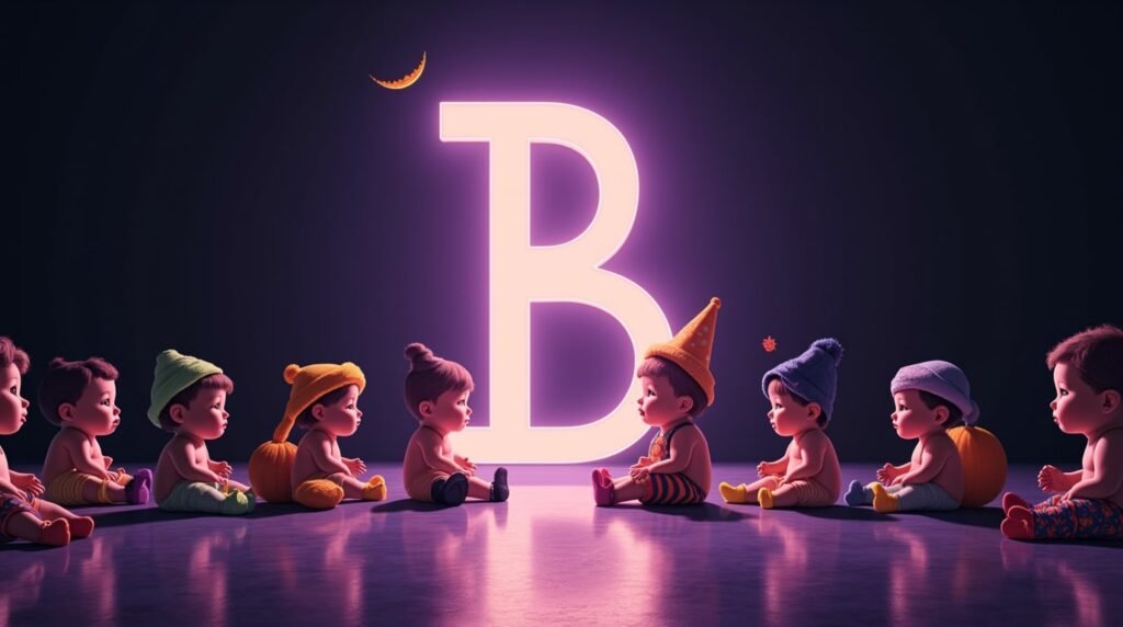 Des bébés arborant des accessoires uniques, assis sous des projecteurs, autour d’une gigantesque lettre néon violette "B", exprimant un style audacieux et personnel.