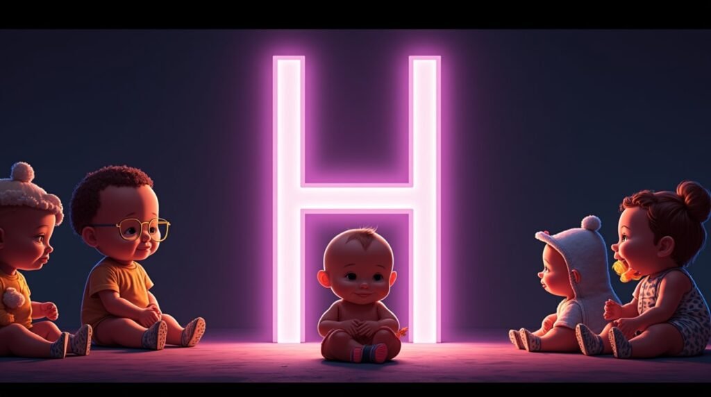 Des bébés portant des accessoires uniques, assis sous des projecteurs, autour d’une grande lettre néon violette "H", affichant un style audacieux et original.