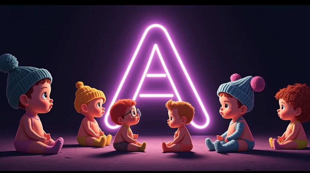 Des bébés arborant des accessoires originaux, assis sous des projecteurs, autour d’une lettre néon violette géante "A", rayonnant d’audace et de style personnel.