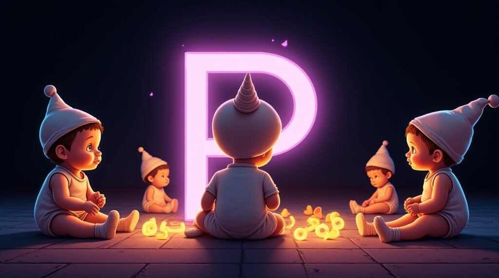 Des bébés portant des accessoires originaux, assis sous des projecteurs, autour d’une grande lettre néon violette "P", dégageant un style audacieux et distinctif.
