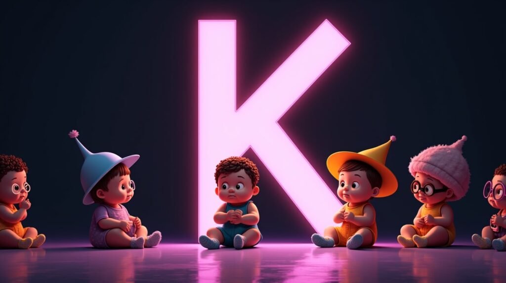 Des bébés arborant des accessoires distinctifs, assis sous des projecteurs, autour d’une grande lettre néon violette "K", rayonnant de style audacieux et personnel.