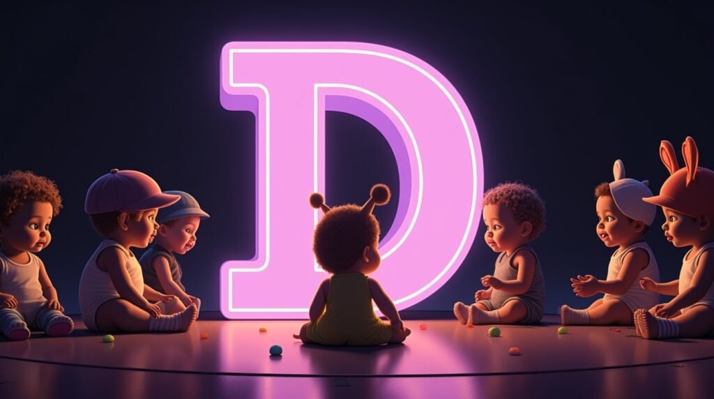 Des bébés portant des accessoires originaux, assis sous des projecteurs, autour d'une gigantesque lettre néon violette "D", affichant un style audacieux et individuel.