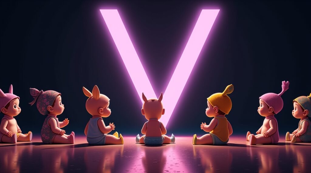Des bébés avec des accessoires distinctifs, assis sous des projecteurs, autour d’une grande lettre néon violette "V", affichant un style audacieux et personnel.