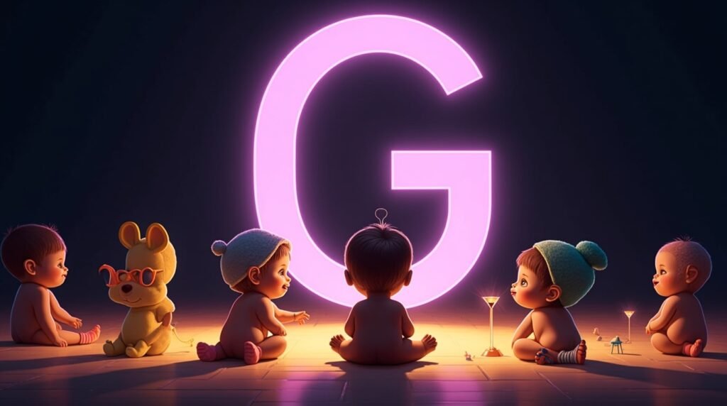 Des bébés arborant des accessoires originaux, assis sous des projecteurs autour d’une grande lettre néon violette "G", dégagent un style unique et audacieux.
