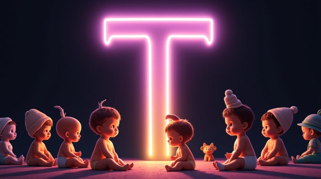 Des bébés arborant des accessoires uniques, assis sous des projecteurs autour d'une grande lettre néon violette "T", affichant un style audacieux et personnel.