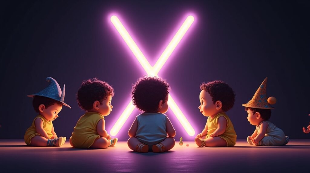 Des bébés portant des accessoires distinctifs, assis sous des projecteurs autour d’une lettre néon violette "X", affichant un style audacieux et singulier.