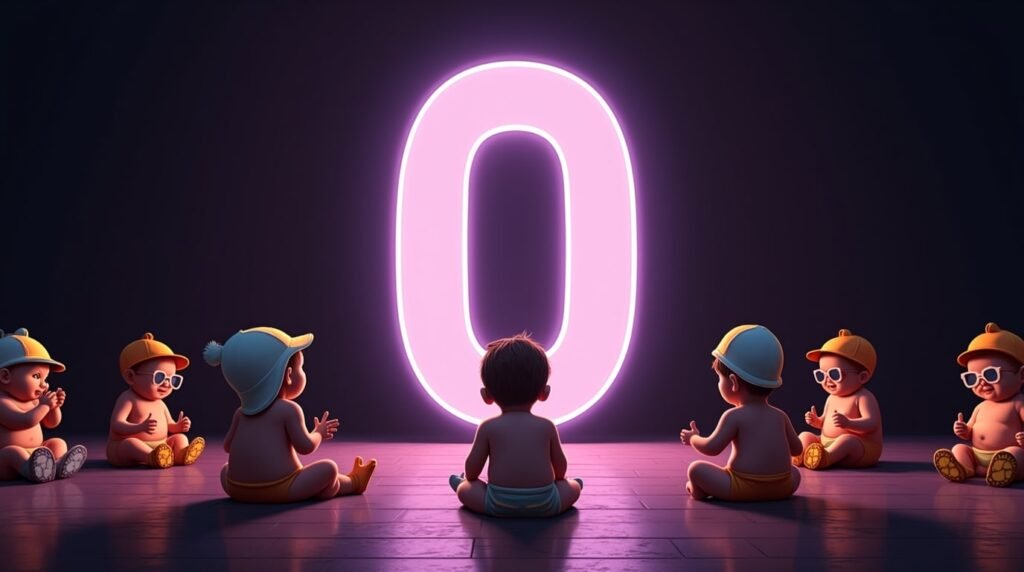 Des bébés portant des accessoires originaux, assis sous des projecteurs, autour d'une grande lettre néon violette "O", affichant un style audacieux et distinctif.