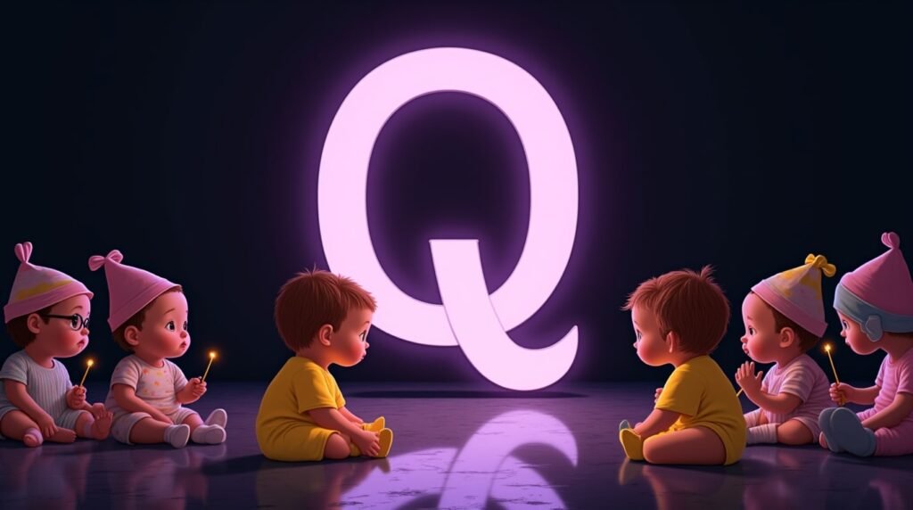 Des bébés portant des accessoires uniques, assis sous des projecteurs, autour d’une grande lettre néon violette "Q", exprimant un style audacieux et original.
