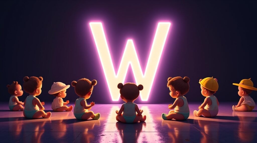 Des bébés arborant des accessoires originaux, assis sous des projecteurs, autour d’une grande lettre néon violette "W", exprimant un style audacieux et singulier.