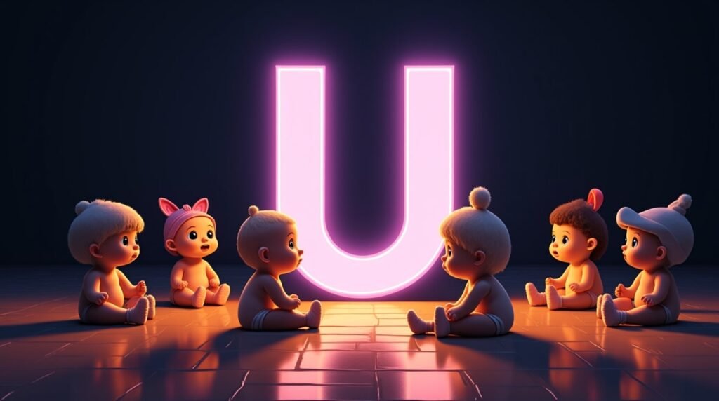 Des bébés avec des accessoires originaux, assis sous des projecteurs, autour d’une grande lettre néon violette "U", affichant un style audacieux et distinctif.