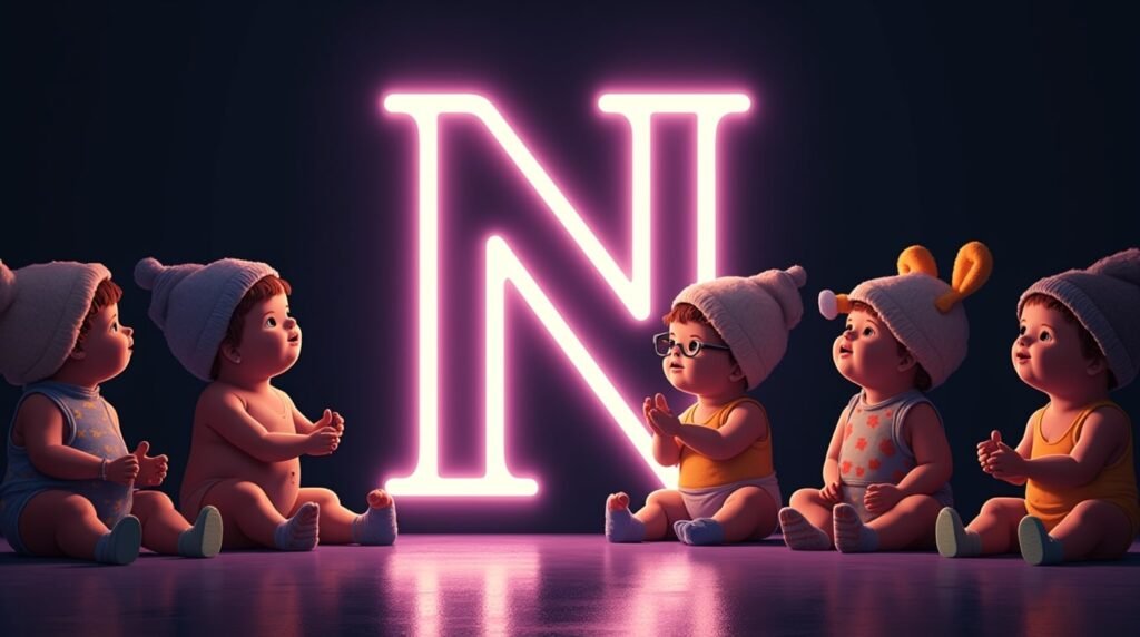 Des bébés portant des accessoires originaux, assis sous des projecteurs, autour d'une grande lettre néon violette "N", affichant un style audacieux et personnel.