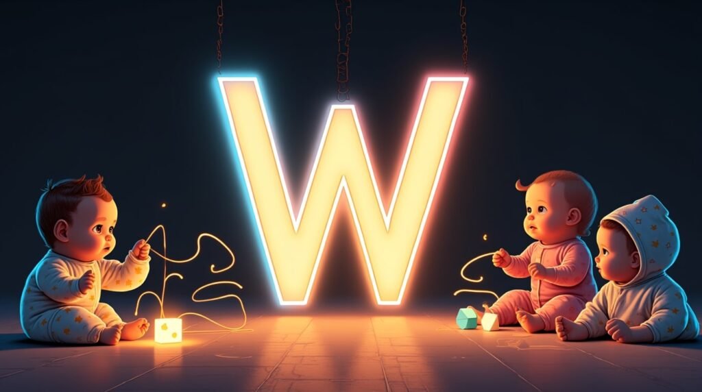 Des bébés vêtus de bodies excentriques, jouant avec des jouets ludiques autour d’une lettre néon multicolore "W", flottant légèrement au-dessus du sol, créant une ambiance féerique et magique.