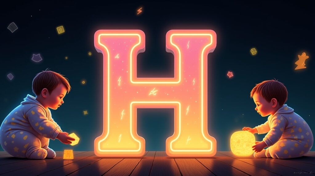 Des bébés vêtus de bodies excentriques, jouant avec des jouets créatifs autour d’une lettre néon multicolore "H", flottant légèrement au-dessus du sol, créant une ambiance magique et ludique.