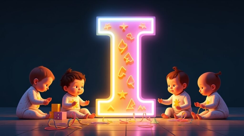 Des bébés vêtus de bodies excentriques, jouant avec des jouets farfelus autour d’une lettre néon multicolore "I", flottant légèrement au-dessus du sol, créant une atmosphère féerique et créative.