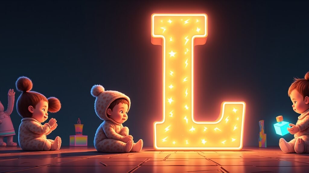 Des bébés vêtus de bodies excentriques, jouant avec des jouets ludiques autour d'une lettre néon multicolore "L", flottant légèrement au-dessus du sol, créant une ambiance magique et créative.