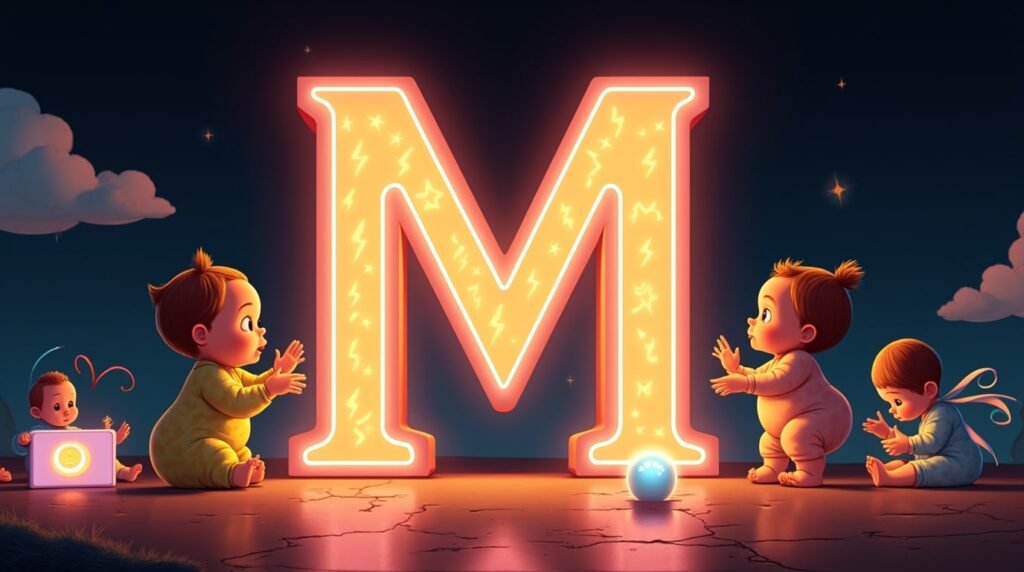 Des bébés vêtus de bodies excentriques, jouant avec des jouets farfelus autour d’une lettre néon multicolore "M", flottant légèrement au-dessus du sol, créant une ambiance magique et créative.
