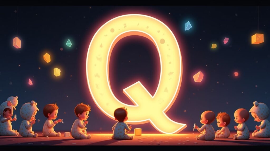Des bébés en bodies excentriques, jouant avec des jouets ludiques autour d’une lettre néon multicolore "Q", flottant légèrement au-dessus du sol, créant une ambiance féerique et créative.
