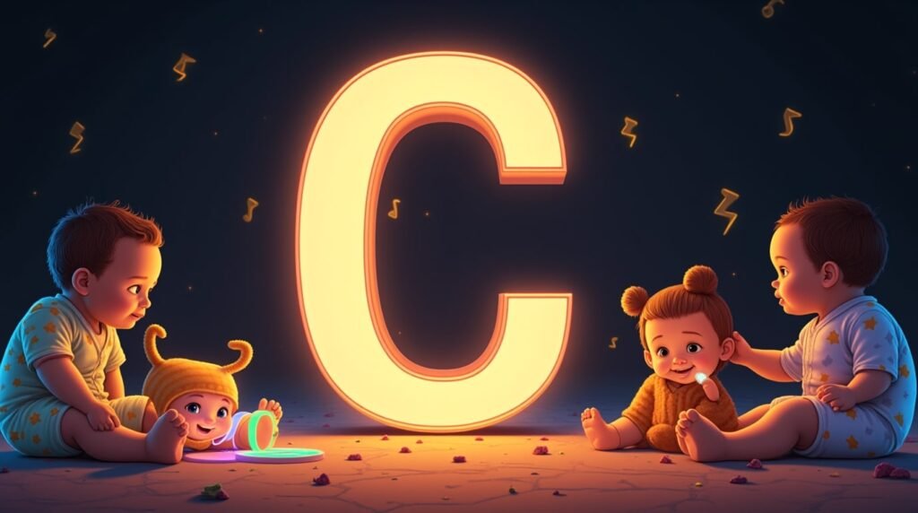 Des bébés vêtus de bodies excentriques, jouant avec des jouets farfelus autour d’une lettre néon multicolore "C", flottant légèrement au-dessus du sol, créant une ambiance féerique et créative.