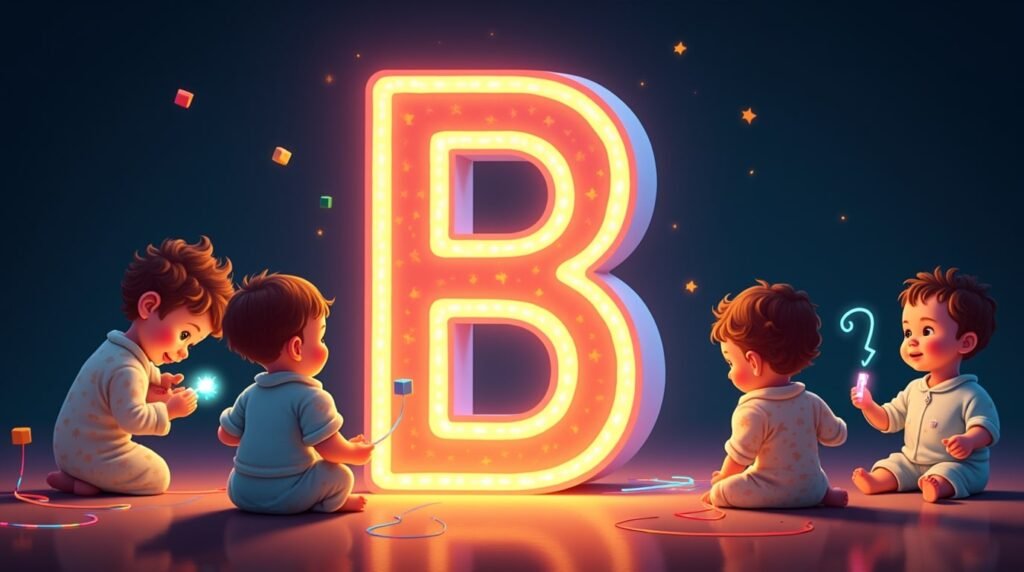 Des bébés vêtus de bodies excentriques, jouant avec des jouets farfelus autour d’une lettre néon multicolore "B", flottant légèrement au-dessus du sol, créant une ambiance magique et créative.