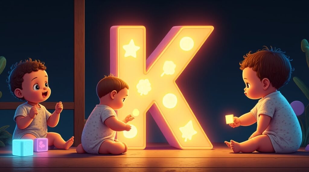 Des bébés vêtus de bodies excentriques, jouant avec des jouets farfelus autour d’une lettre néon multicolore "K", flottant légèrement au-dessus du sol, créant une ambiance féerique et imaginative.