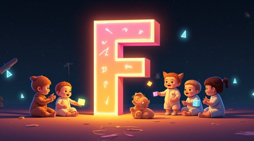 Des bébés en bodies excentriques jouent avec des jouets ludiques autour d’une lettre néon multicolore "F", flottant légèrement au-dessus du sol, créant une ambiance magique et imaginative.