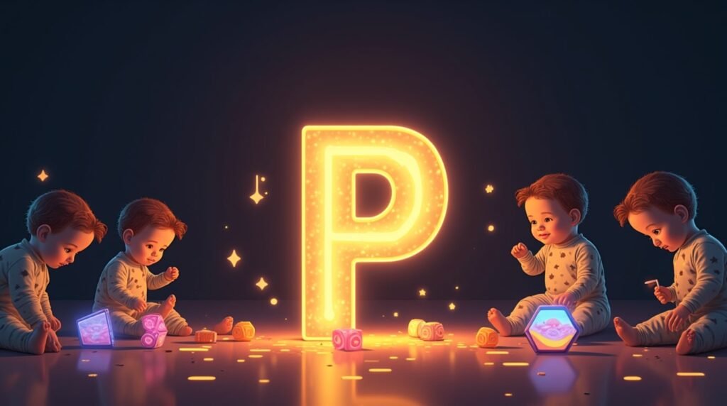Des bébés vêtus de bodies excentriques, jouant avec des jouets ludiques autour d’une lettre néon multicolore "P", flottant légèrement au-dessus du sol, créant une atmosphère féerique et magique.
