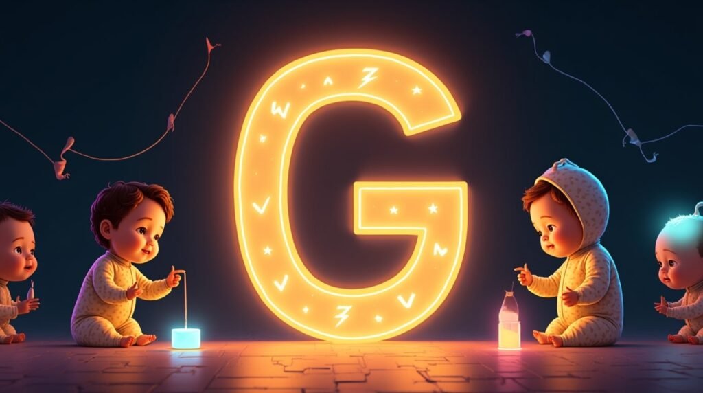 Des bébés en bodies excentriques, jouant avec des jouets ludiques autour d’une lettre néon multicolore "G", flottant légèrement au-dessus du sol, créant une ambiance magique et imaginative.