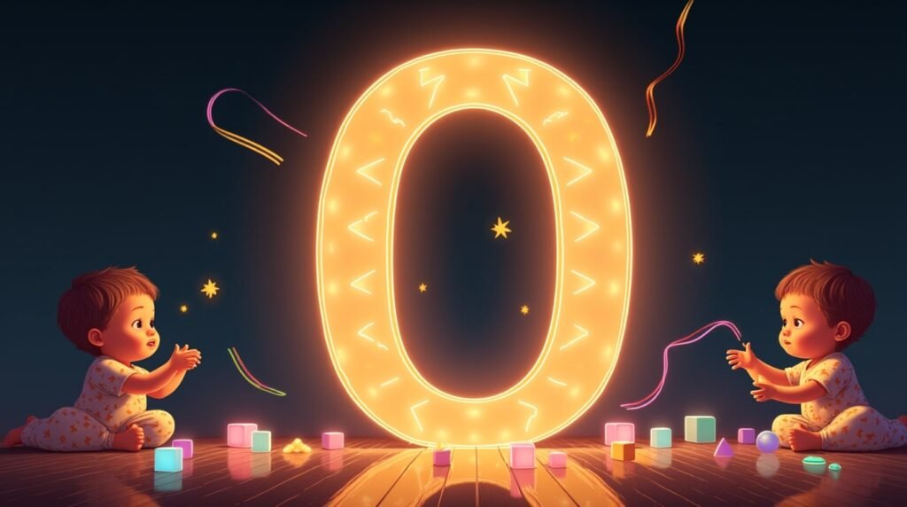 Des bébés vêtus de bodies excentriques, jouant avec des jouets farfelus autour d'une lettre néon multicolore "O", flottant légèrement au-dessus du sol, créant une ambiance féerique et magique.