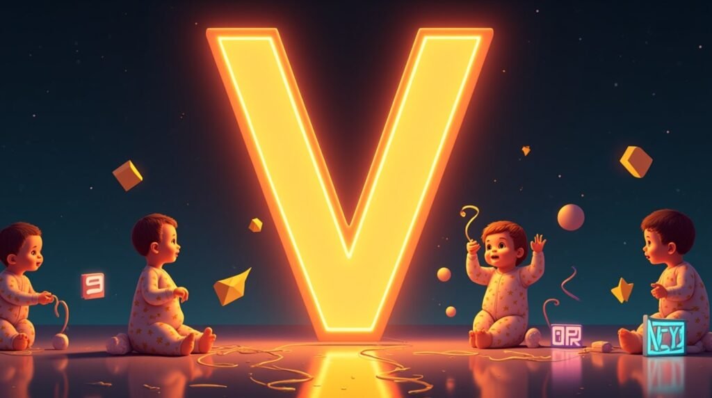 Des bébés en bodies excentriques, jouant avec des jouets ludiques autour d'une lettre néon multicolore "V", flottant légèrement au-dessus du sol, créant une atmosphère féerique et créative.