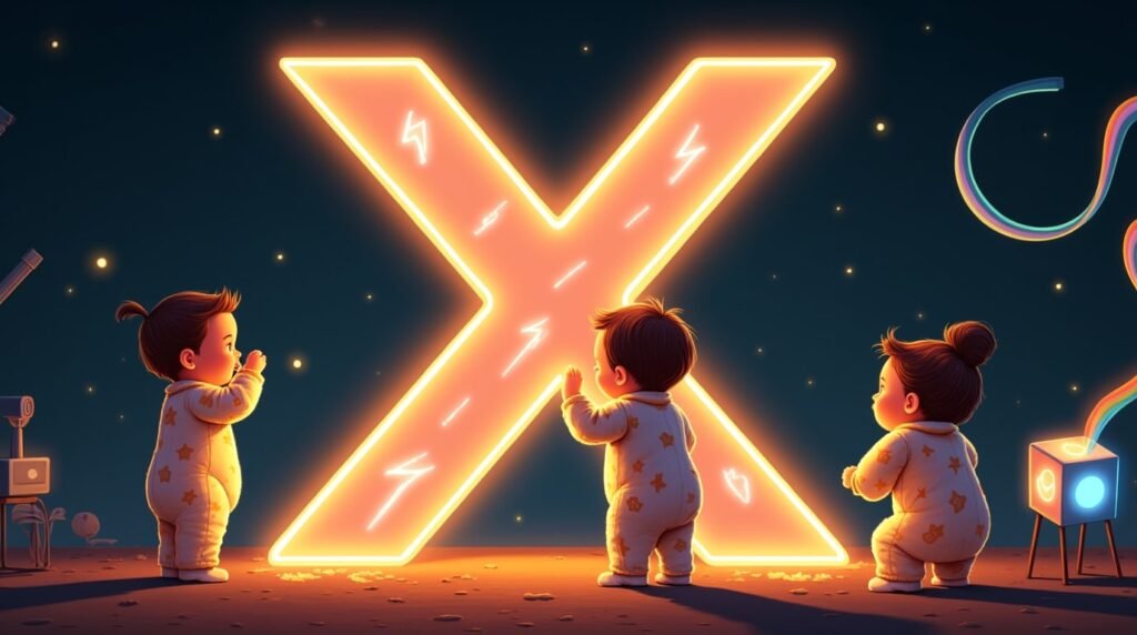 Des bébés en bodies excentriques, jouant avec des jouets farfelus autour d’une lettre néon multicolore "X", flottant légèrement au-dessus du sol, créant une ambiance féerique et magique.
