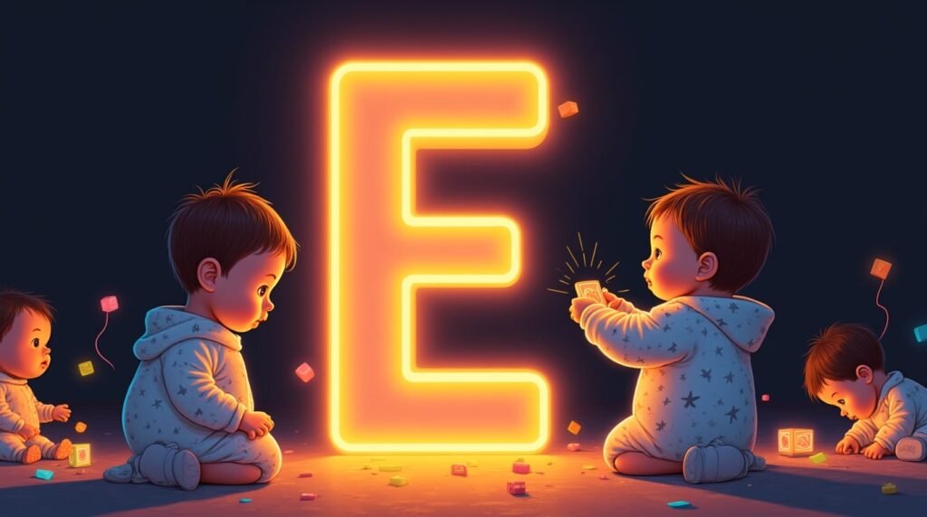 Des bébés vêtus de bodies créatifs et originaux, jouant avec des jouets excentriques autour d’une lettre néon multicolore "E", flottant légèrement au-dessus du sol, créant une ambiance féerique et artistique.