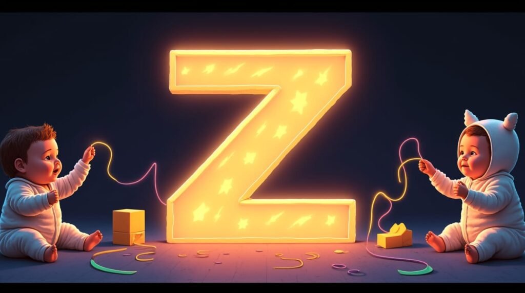 Des bébés en bodies excentriques, jouant avec des jouets originaux autour d’une lettre néon multicolore "Z", flottant légèrement au-dessus du sol, créant une ambiance féerique et créative.