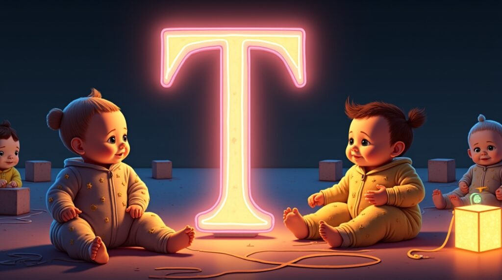 Des bébés en bodies excentriques, jouant avec des jouets ludiques autour d’une lettre néon multicolore "T", flottant légèrement au-dessus du sol, créant une ambiance féerique et créative.