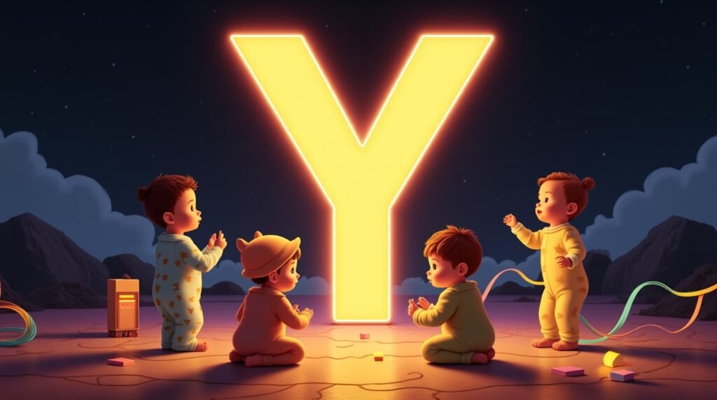 Des bébés en bodies excentriques, jouant avec des jouets originaux autour d’une lettre néon multicolore "Y", flottant légèrement au-dessus du sol, créant une ambiance féerique et imaginative.