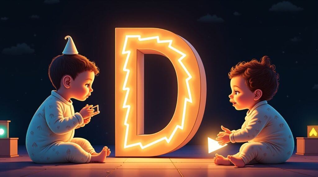 Des bébés vêtus de bodies excentriques, jouant avec des jouets ludiques autour d’une lettre néon multicolore "D", flottant légèrement au-dessus du sol, créant une atmosphère magique et artistique.