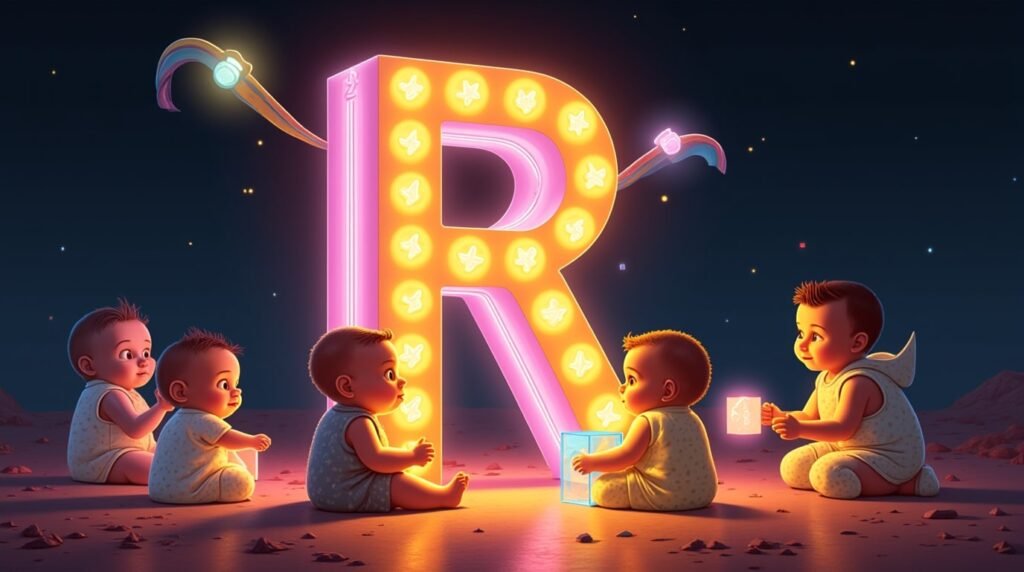 Des bébés vêtus de bodies excentriques, jouant avec des jouets ludiques autour d’une lettre néon multicolore "R", flottant légèrement au-dessus du sol, créant une ambiance féerique et créative.